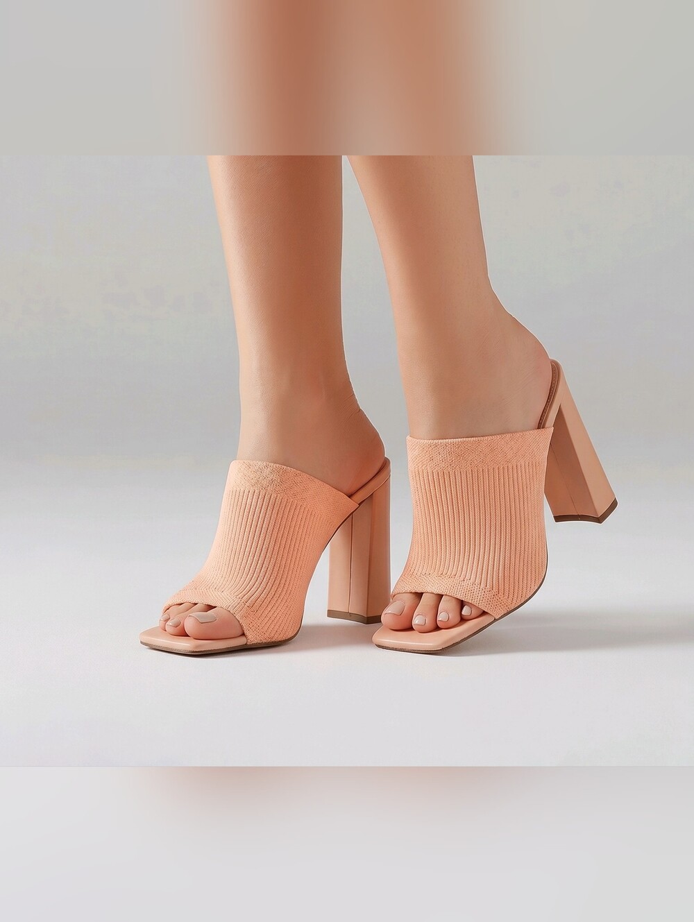 CAPE ROBBIN - Peach Knit Open-Toe Block Heel Mule Sandal